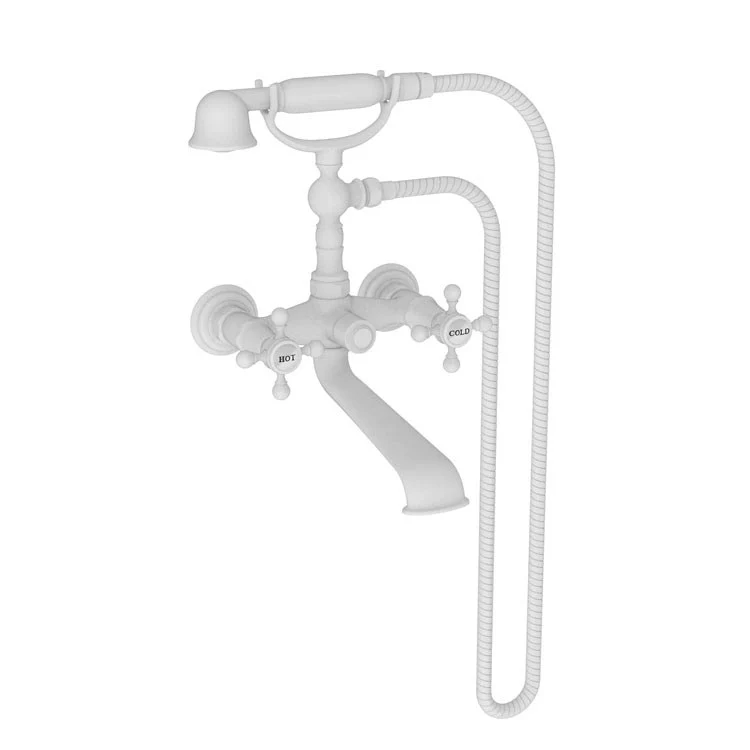 Tub Filler Chesterfield Wall Mount Exposed with Handshower 6 Inch Spread 2 Cross ADA Satin Gold PVD 2 Hole - Frankwebs
