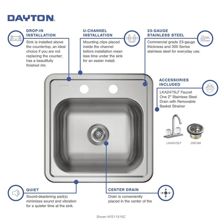Bar Sink Kingsford 15 x 15 Inch Single Bowl Faucet Kit with Drain Opening 2 Hole Satin Drop-In Square Drain Size 2 Inch - Frankwebs