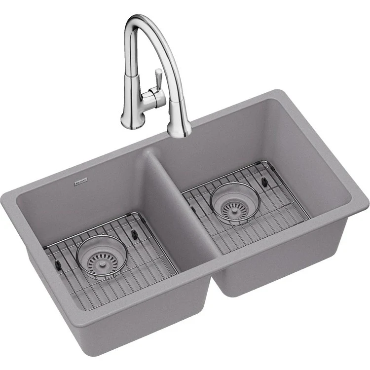 Kitchen Sink Quartz Classic 33 x 18.5 Inch Double Bowl Equal Kit with Faucet Mocha Undermount - Frankwebs