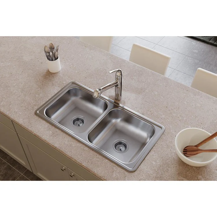 Kitchen Sink Dayton 33 x 17 Inch Double Bowl Equal ADA Satin Drop-In Rectangle Drain Location Center Depth 6 Inch Bottom Only Pads - Frankwebs