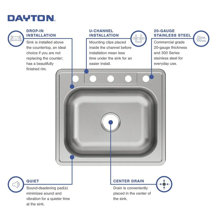 Kitchen Sink Dayton 25 x 22 Inch Single Bowl 5 Hole Elite Satin Drop-In Drain Location Center Bottom Only Pads - Frankwebs