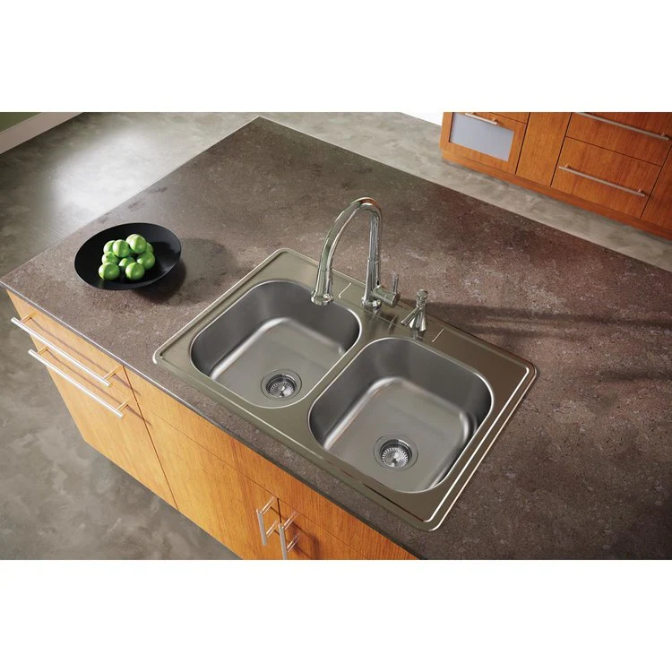 Kitchen Sink Dayton 33 x 22 Inch Double Bowl Equal 2 Hole Elite Satin Drop-In Drain Location Center Multiple of 10 Bottom Only Pads - Frankwebs