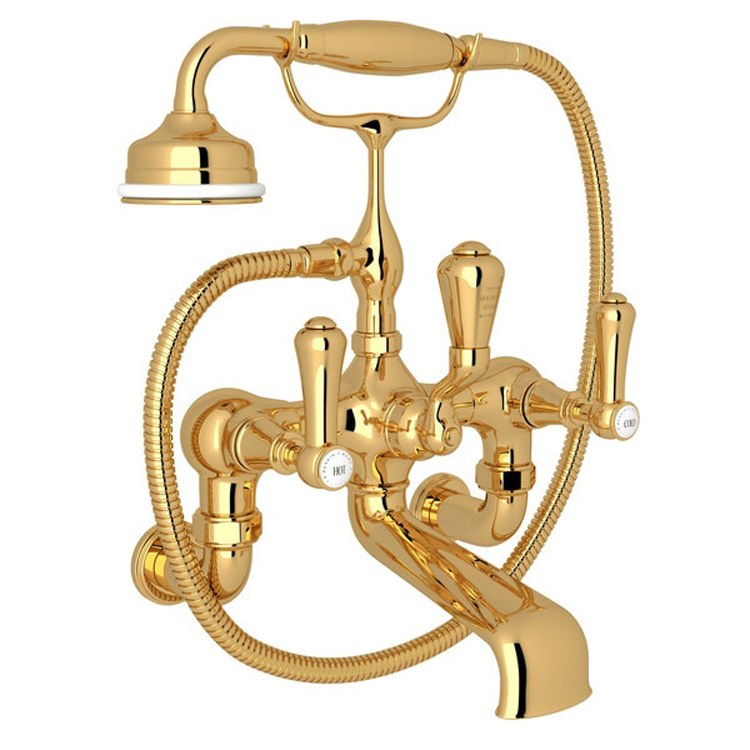 Tub Filler Georgian Era Exposed Wall Mount with Handshower 8 Inch Spread 3 White Porcelain Lever Fixed Spout English Bronze - Frankwebs