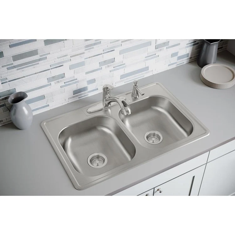 Kitchen Sink Kingsford 33 x 22 Inch Double Bowl Equal 4 Hole ADA Satin Drop-In Rectangle Drain Location Center Depth 6 Inch Bottom Only Pads - Frankwebs